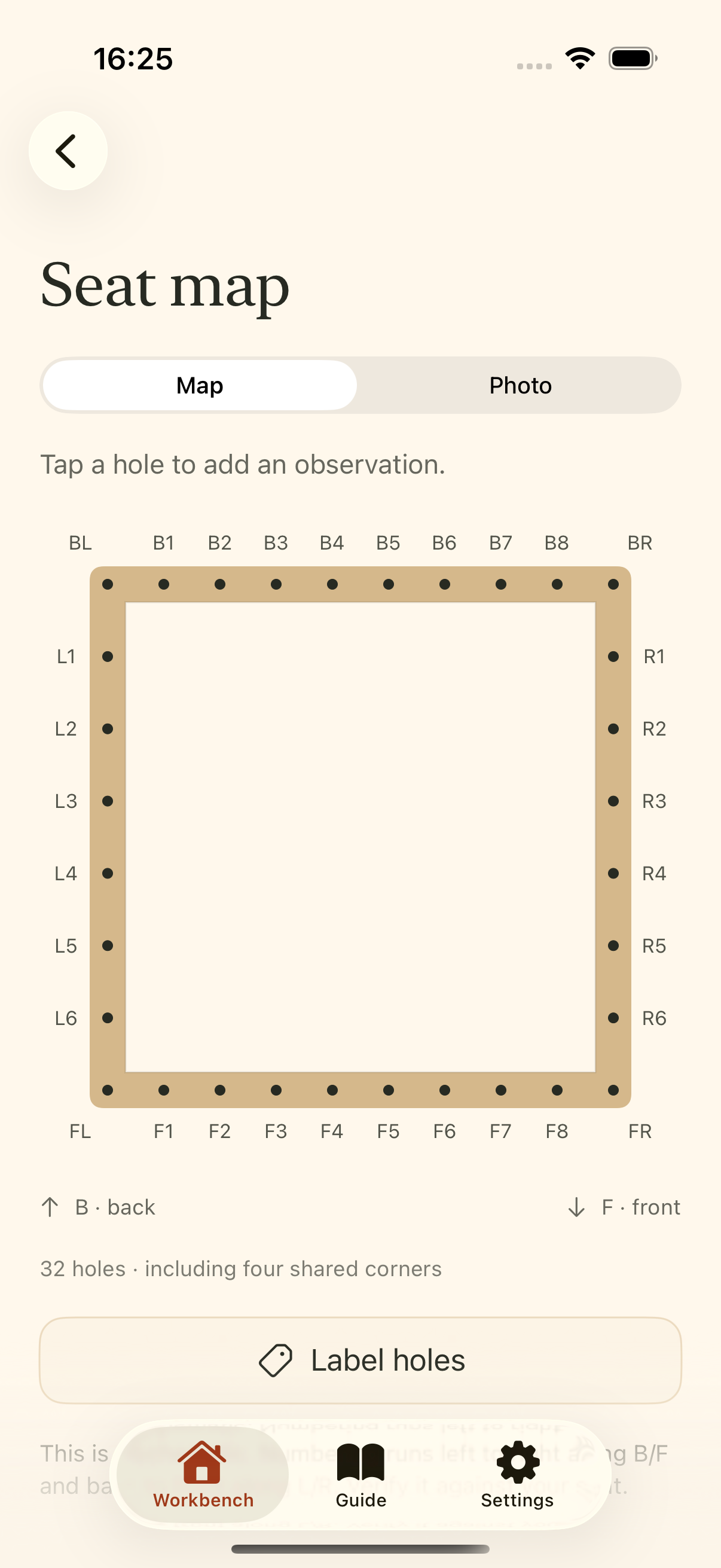 CanePath rectangular seat map with individual numbered holes