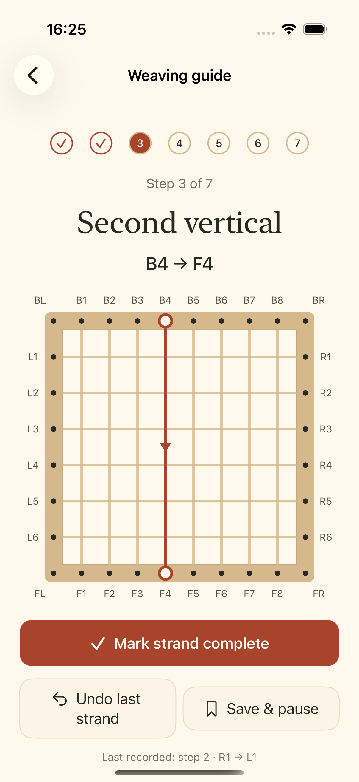 CanePath weaving screen with a labelled example and its next strand highlighted
